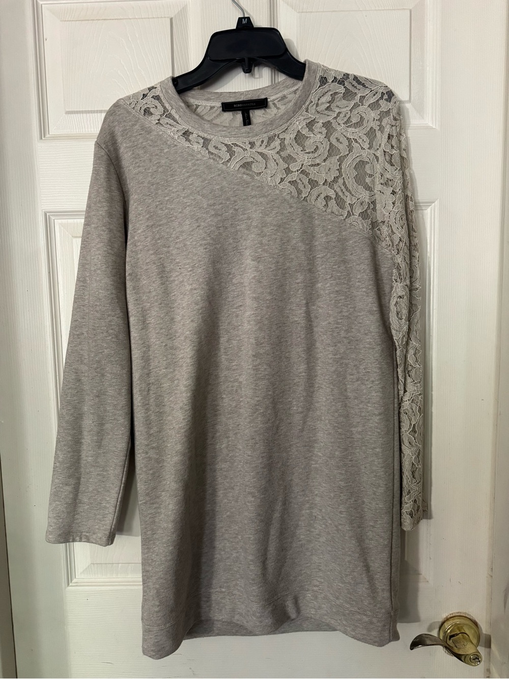 Womens Gray Lace-Accent Long Sleeve Dress